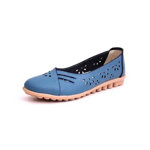 Women Summer Outdoor Comfortable Soft Casual Leather Hollow Out Flat Loafers Shoes