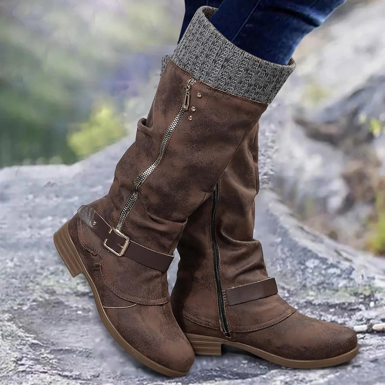 Womens Boots Fashion Thick Sole Square Heels Boots for Women Leather Warm Comfortable Knee High Boots Women
