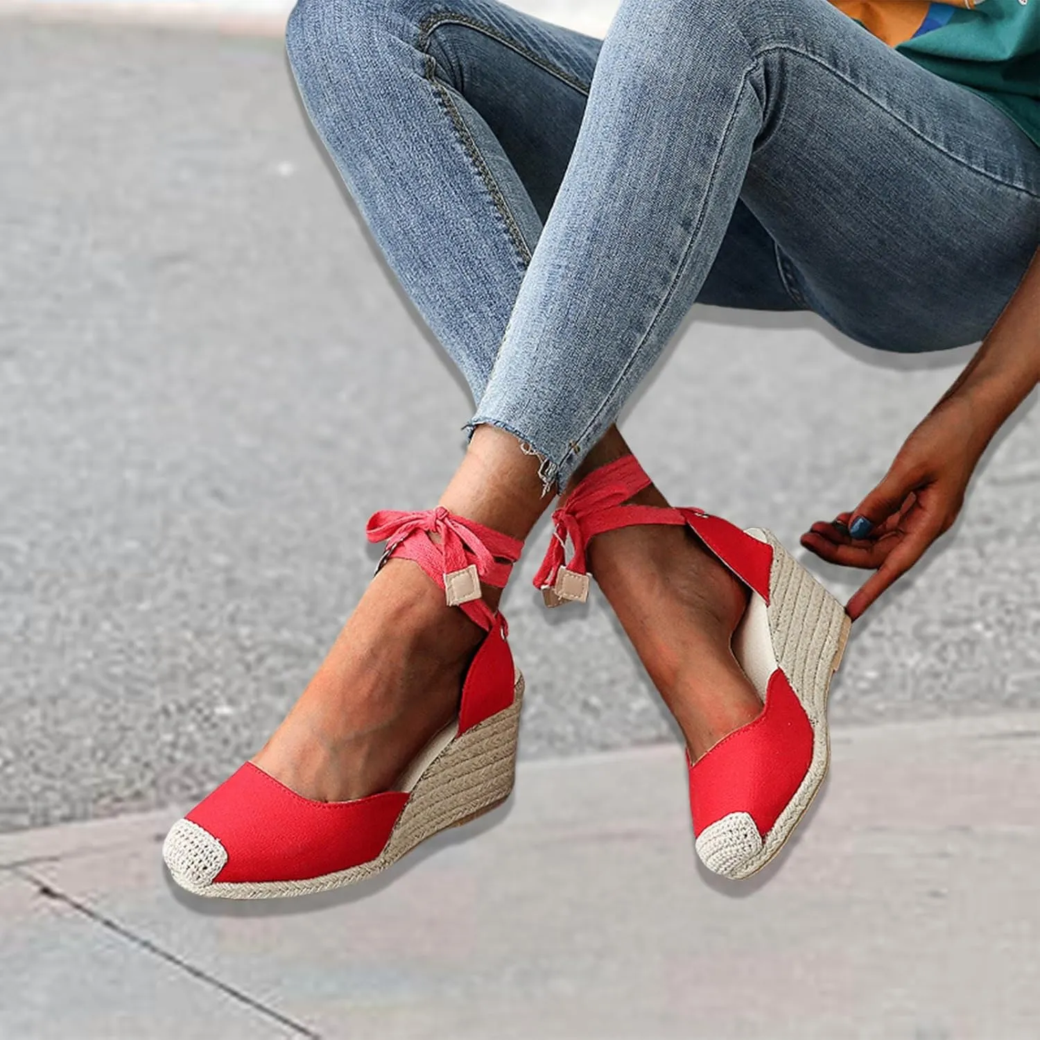 Womens Espadrilles Wedge Sandals Platform Closed Toe Ankle Strap Lace Up Sandals Classic Summer Shoes Dressy Casual Beach Sandals