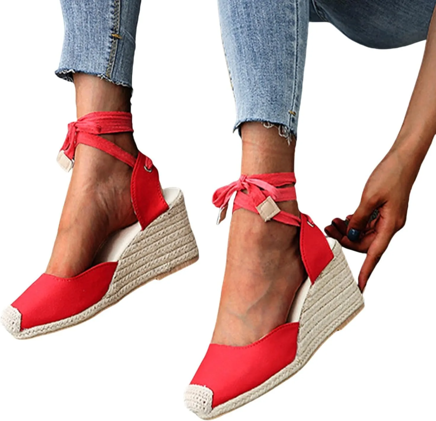 Womens Espadrilles Wedge Sandals Platform Closed Toe Ankle Strap Lace Up Sandals Classic Summer Shoes Dressy Casual Beach Sandals