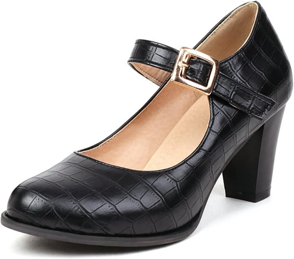 Women's Round Toe Dress Pumps Faux Leather Buckle Ankle Strap Stylish Chunky High Heel Mary Jane Shoes