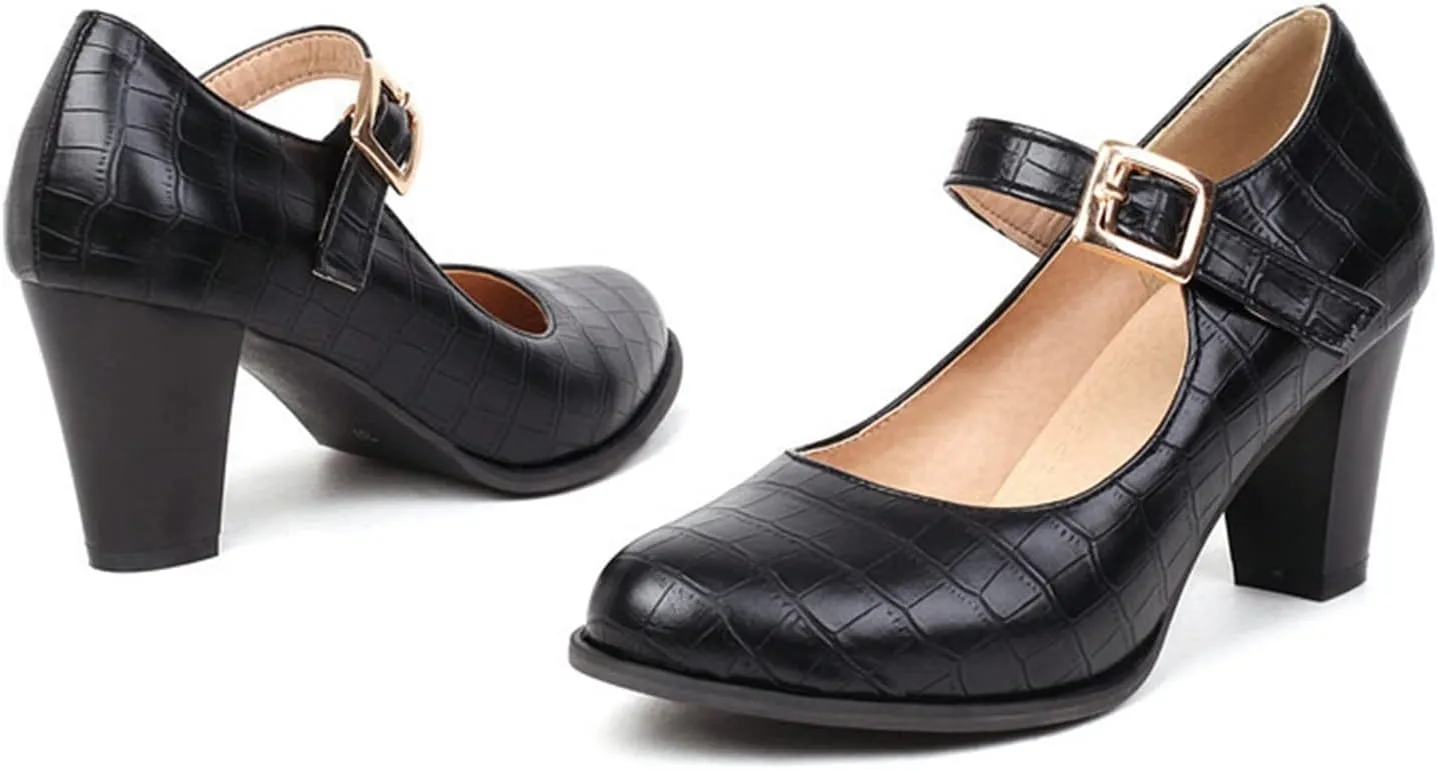 Women's Round Toe Dress Pumps Faux Leather Buckle Ankle Strap Stylish Chunky High Heel Mary Jane Shoes