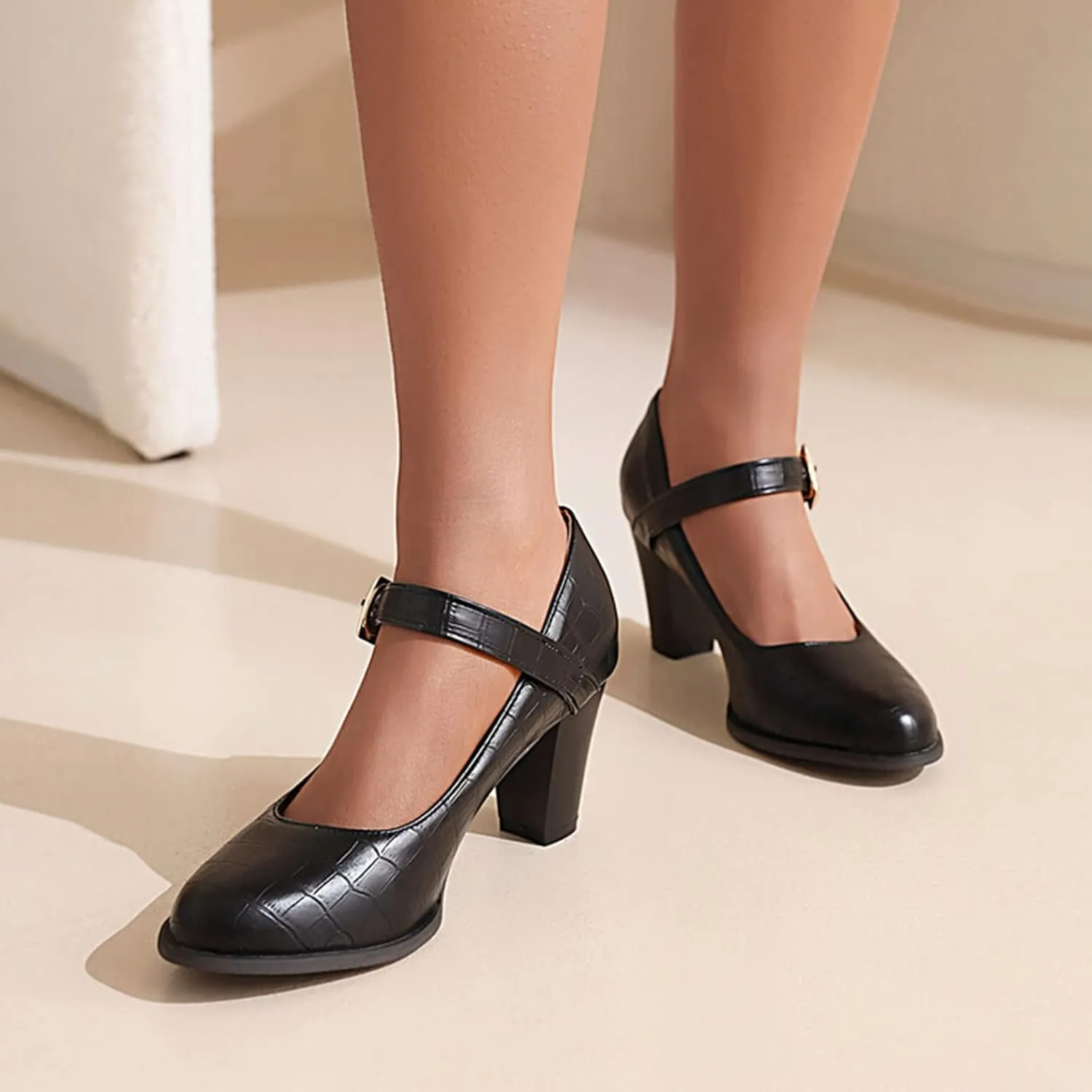 Women's Round Toe Dress Pumps Faux Leather Buckle Ankle Strap Stylish Chunky High Heel Mary Jane Shoes