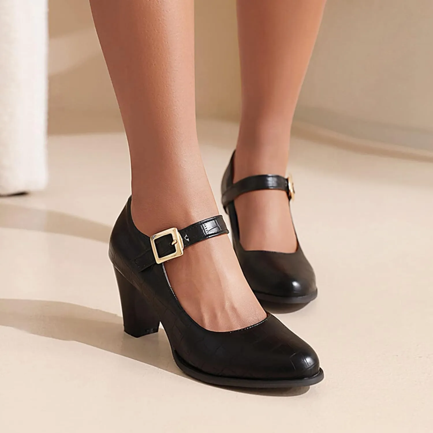 Women's Round Toe Dress Pumps Faux Leather Buckle Ankle Strap Stylish Chunky High Heel Mary Jane Shoes