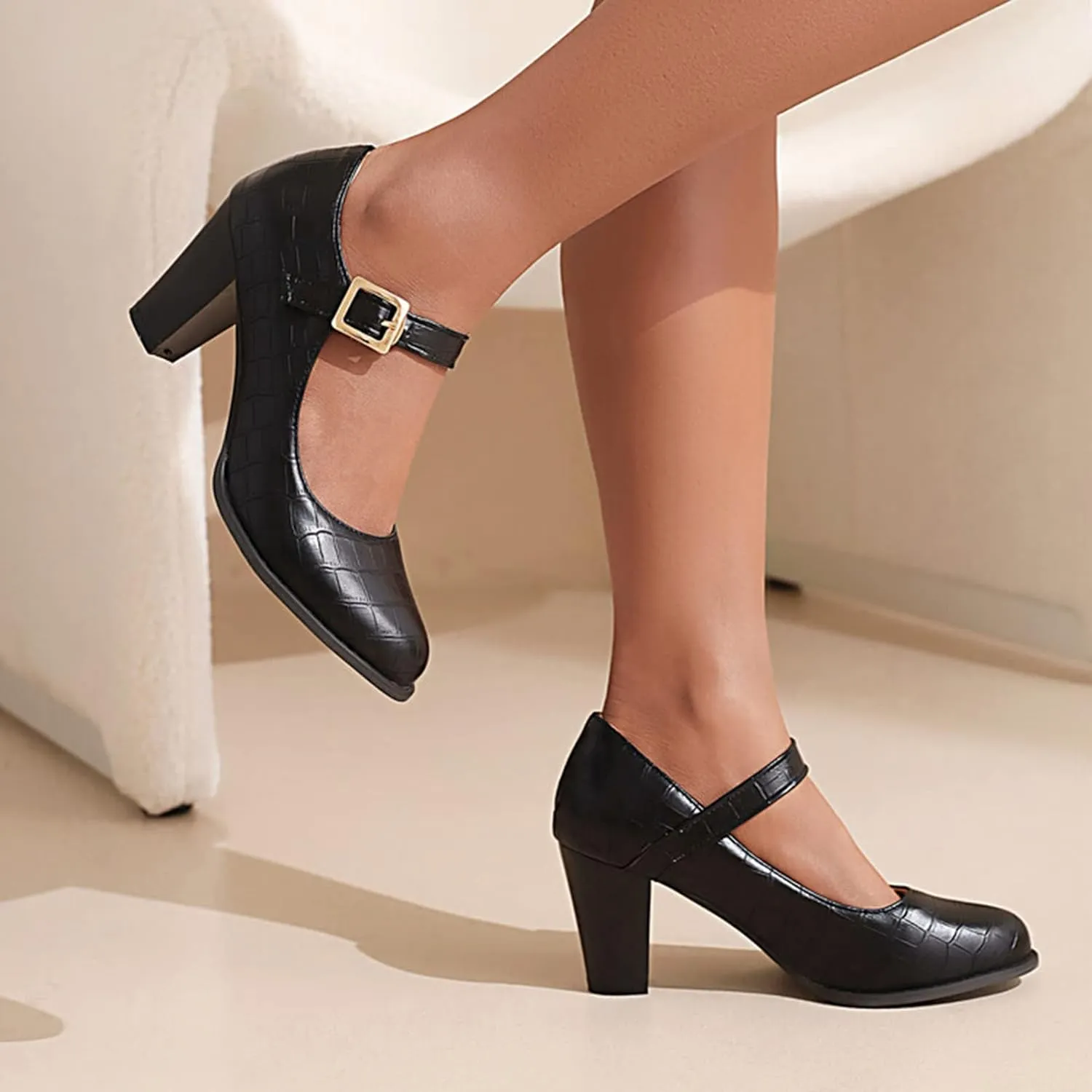 Women's Round Toe Dress Pumps Faux Leather Buckle Ankle Strap Stylish Chunky High Heel Mary Jane Shoes