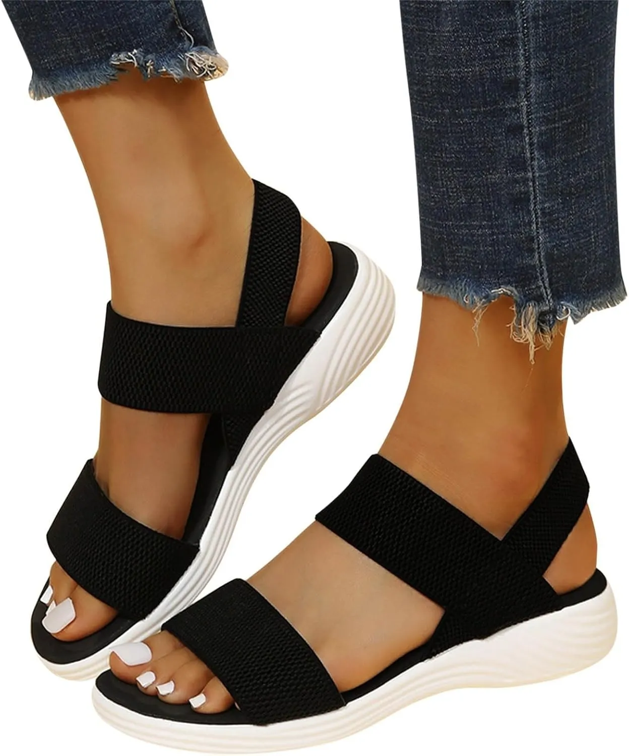 Women's Sandals Elastic Strap Summer Trendy Comfort Open Toe Slides Anti-Slip Lightweight Flat Walking Sandals