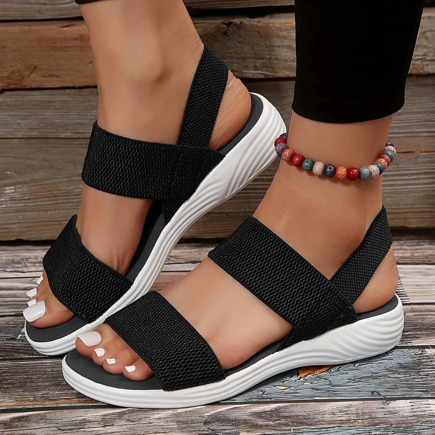 Women's Sandals Elastic Strap Summer Trendy Comfort Open Toe Slides Anti-Slip Lightweight Flat Walking Sandals