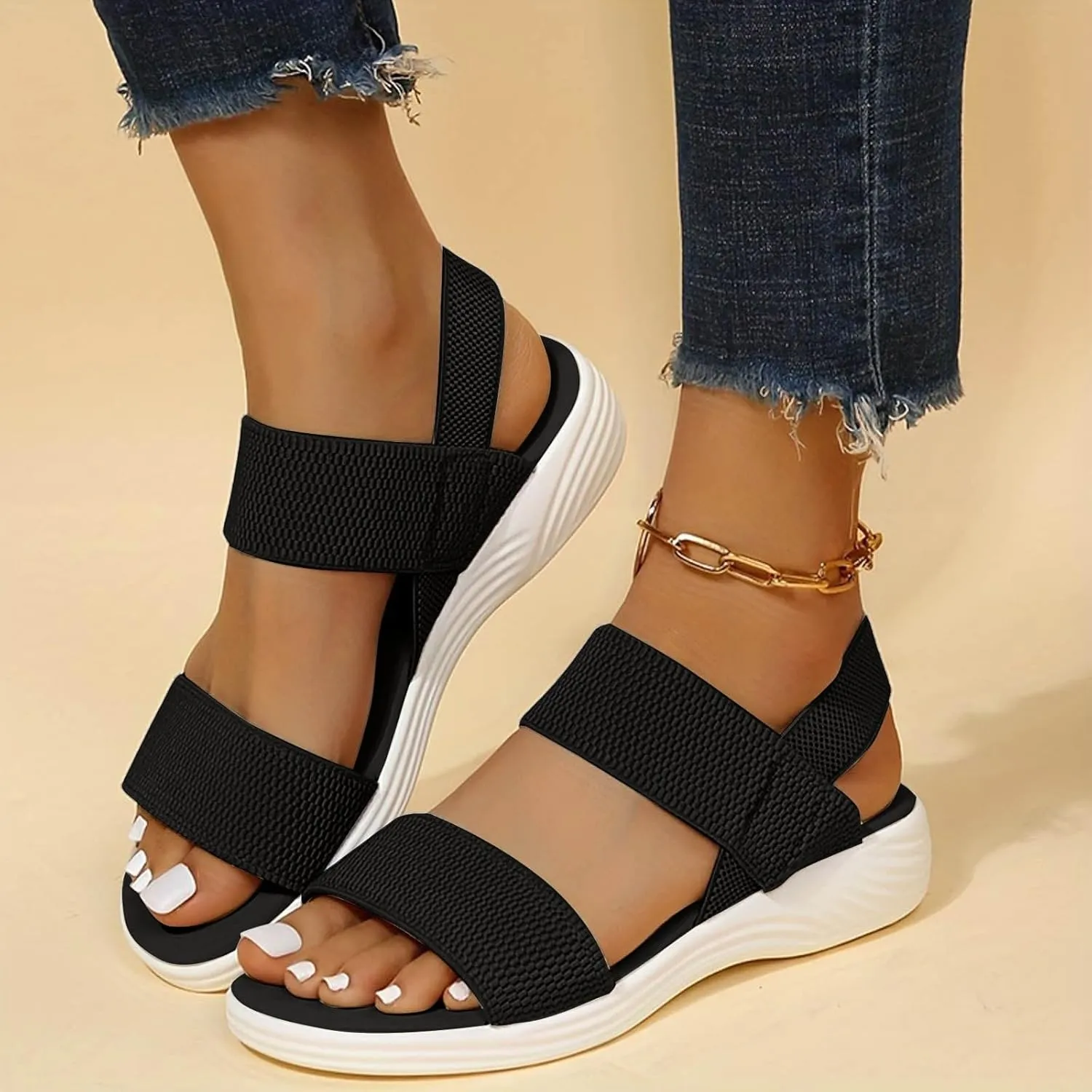Women's Sandals Elastic Strap Summer Trendy Comfort Open Toe Slides Anti-Slip Lightweight Flat Walking Sandals