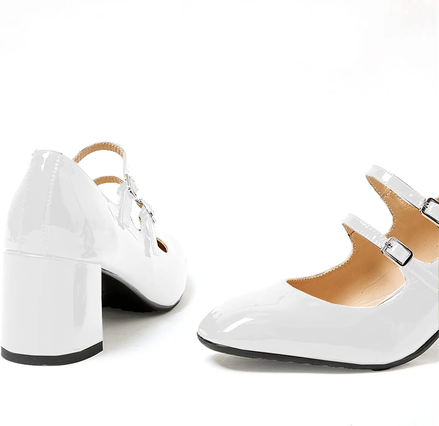 Women's Stylish Closed Round Toe Patent Leather Doubled Monk-Strap Vintage Low Chunky Heel Dress Mary Jane Pumps Shoes