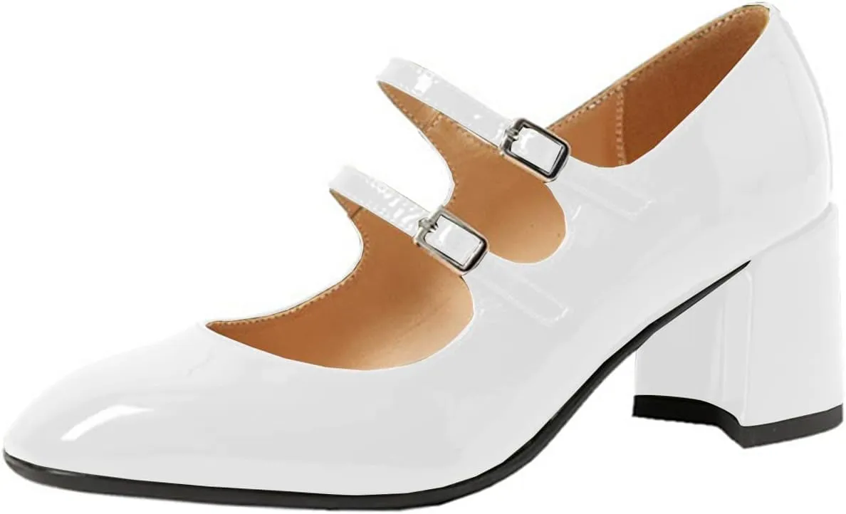 Women's Stylish Closed Round Toe Patent Leather Doubled Monk-Strap Vintage Low Chunky Heel Dress Mary Jane Pumps Shoes