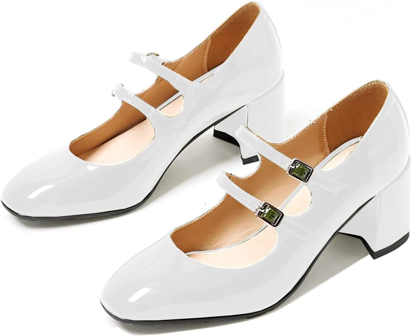 Women's Stylish Closed Round Toe Patent Leather Doubled Monk-Strap Vintage Low Chunky Heel Dress Mary Jane Pumps Shoes