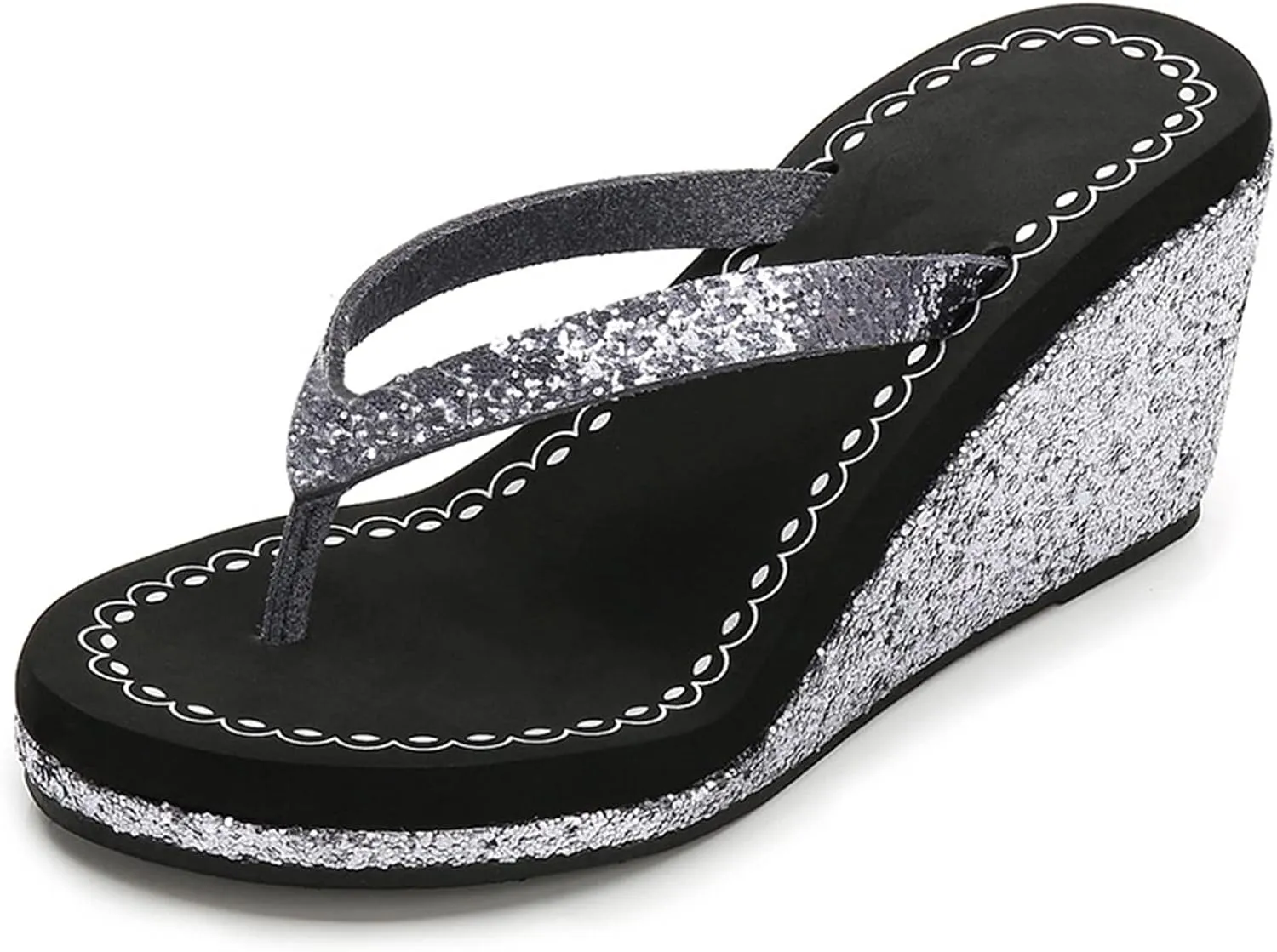 Womens Summer Wedge Platform Flip Flop Open Toe High Heel Flipflops Non-Slip Rhinestones Glitter Gem Sparkling Beach Sandals (Black,5.5)